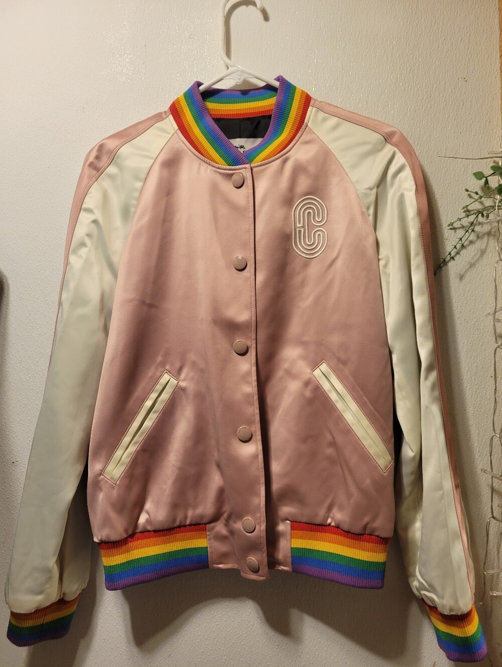 Coach Pink Satin Varsity Jacket with Cream Sleeves and Rainbow Trim
